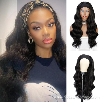 Aisi Dropshipping Glueless Long Body Wave Black Wavy Half Wigs No Lace For Black Women Synthetic Elastic Attached Headband Wig